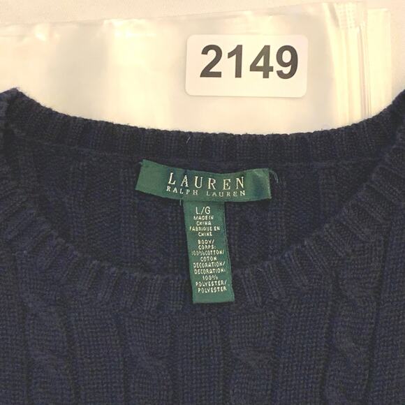 Lauren Ralph Lauren Womens Sweater Large Navy Cable Knit Brown Suede-Like Patch - Picture 11 of 11
